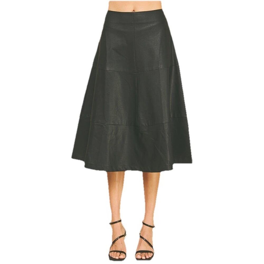Pinch midi-length faux leather A-line skirt showcases a striking square tiered